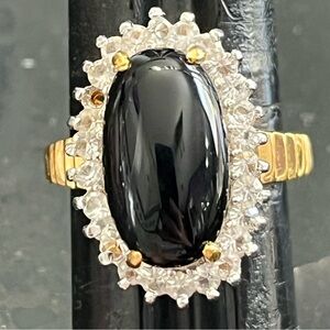 Vintage black onyx CZ gold cocktail statement ladies, jewelry band long ring